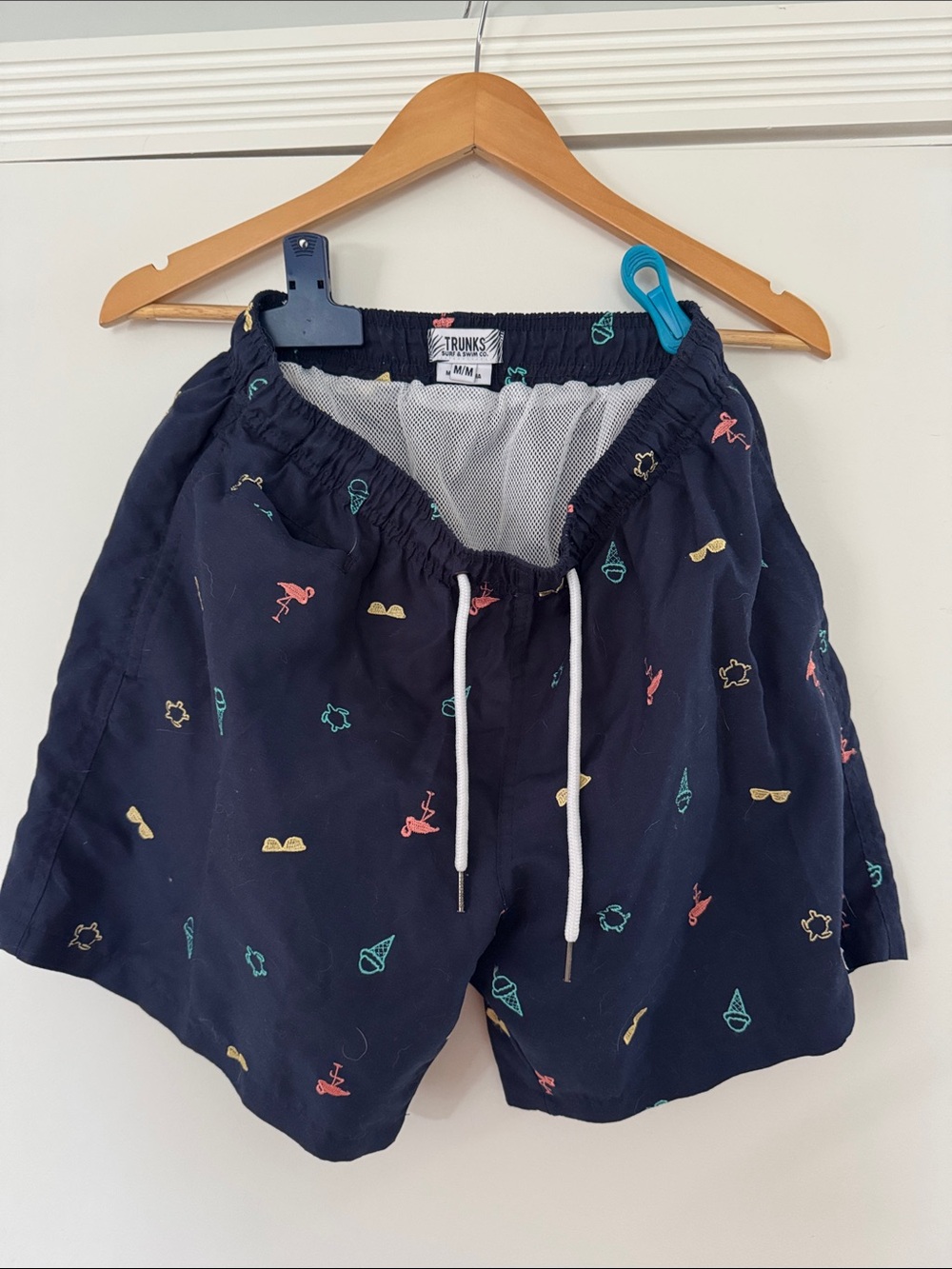 Men's Navy Swim Trunks with Multicolor Beach Motif